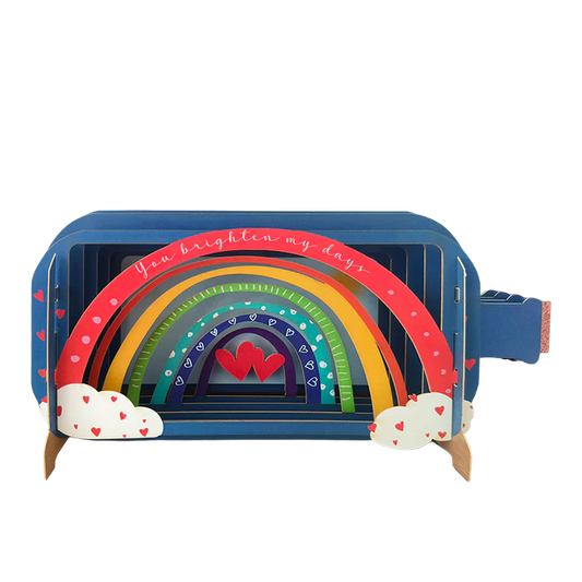 Pop-up Grußkarte mit einem Regenbogen und Herzen.