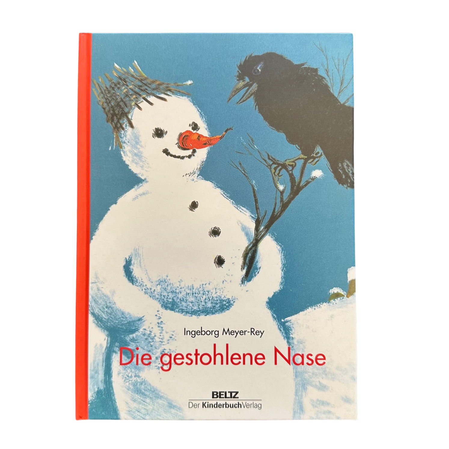 Ein Kinderbuch, die gestohlene Nase. Ein Schneemann mit der roten Nase und die Kinder wundern sich, wo ist sie. Der Hase hat sie gestohlen. Illustriert im vintage Style.