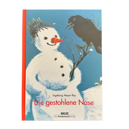 Ein Kinderbuch, die gestohlene Nase. Ein Schneemann mit der roten Nase und die Kinder wundern sich, wo ist sie. Der Hase hat sie gestohlen. Illustriert im vintage Style.