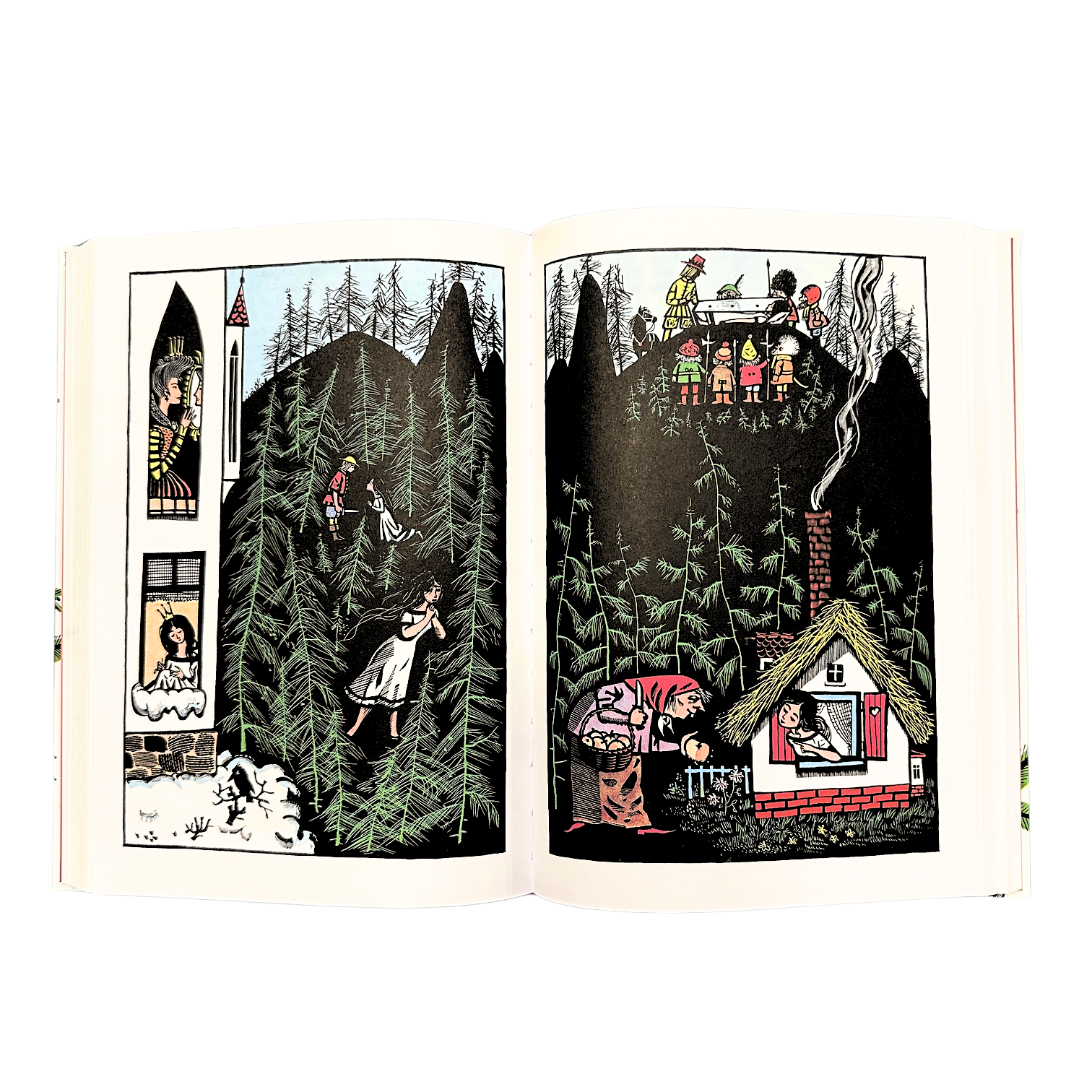 Farbige Illustrationen im Märchenbuch. Hänsel und Gretel und Schneewittchen.