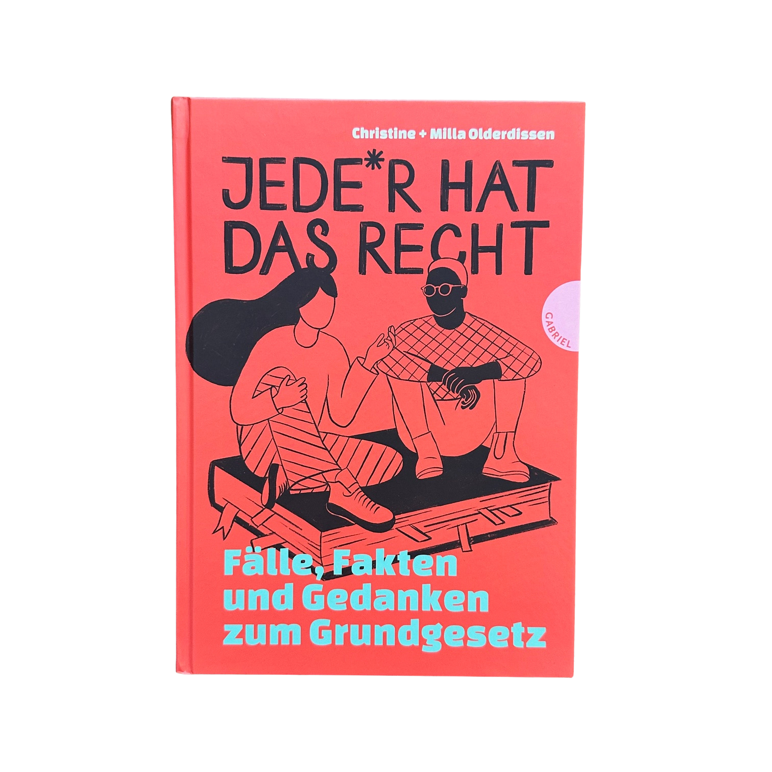 ein skizziertes mädchen und ein junge sitzen auf einem buch, dem grundgesetz, und reden