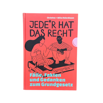 ein skizziertes mädchen und ein junge sitzen auf einem buch, dem grundgesetz, und reden