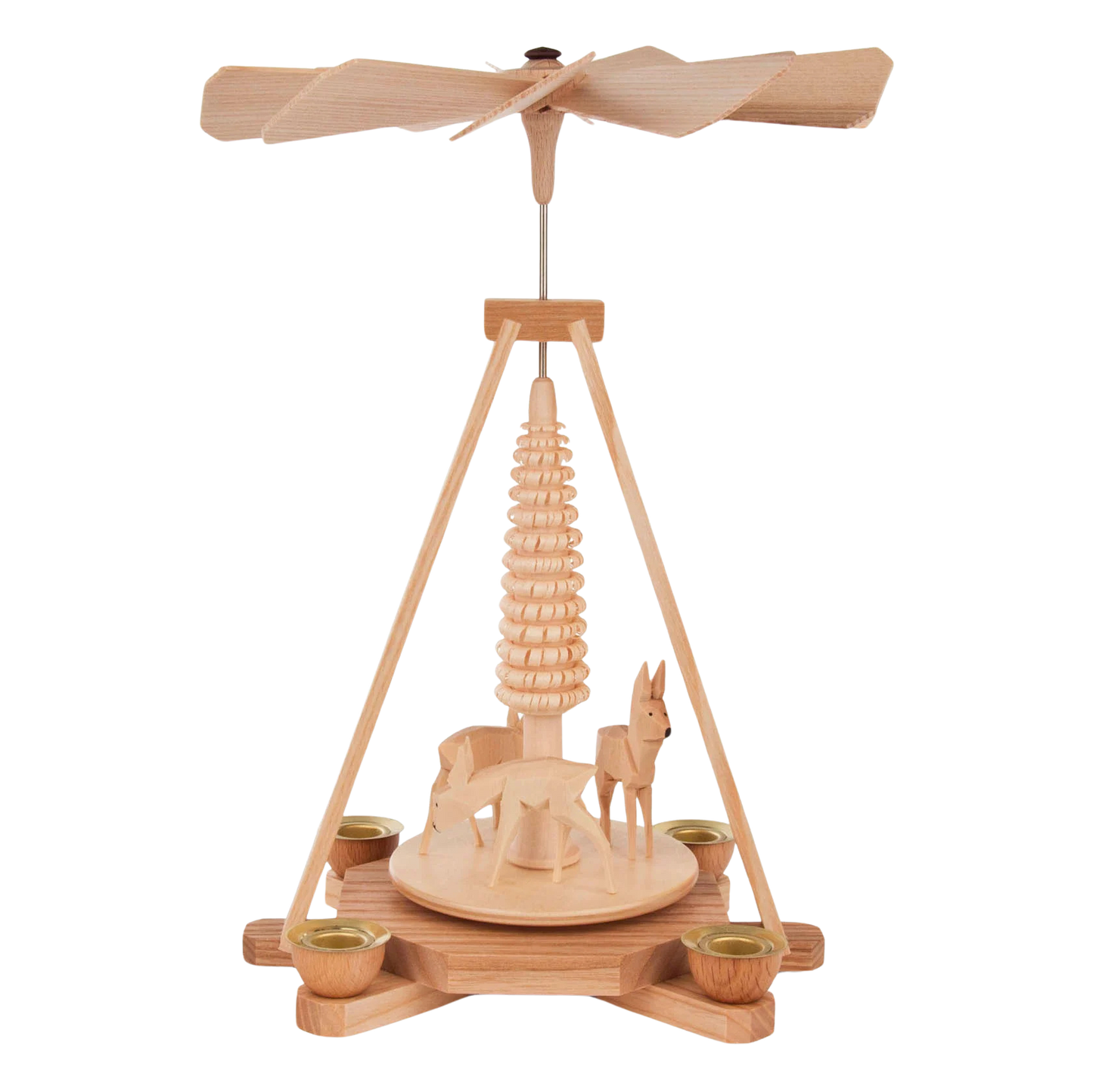 Tischpyramide aus Holz natur mit drei kleinen Rehen und für vier Kerzen.