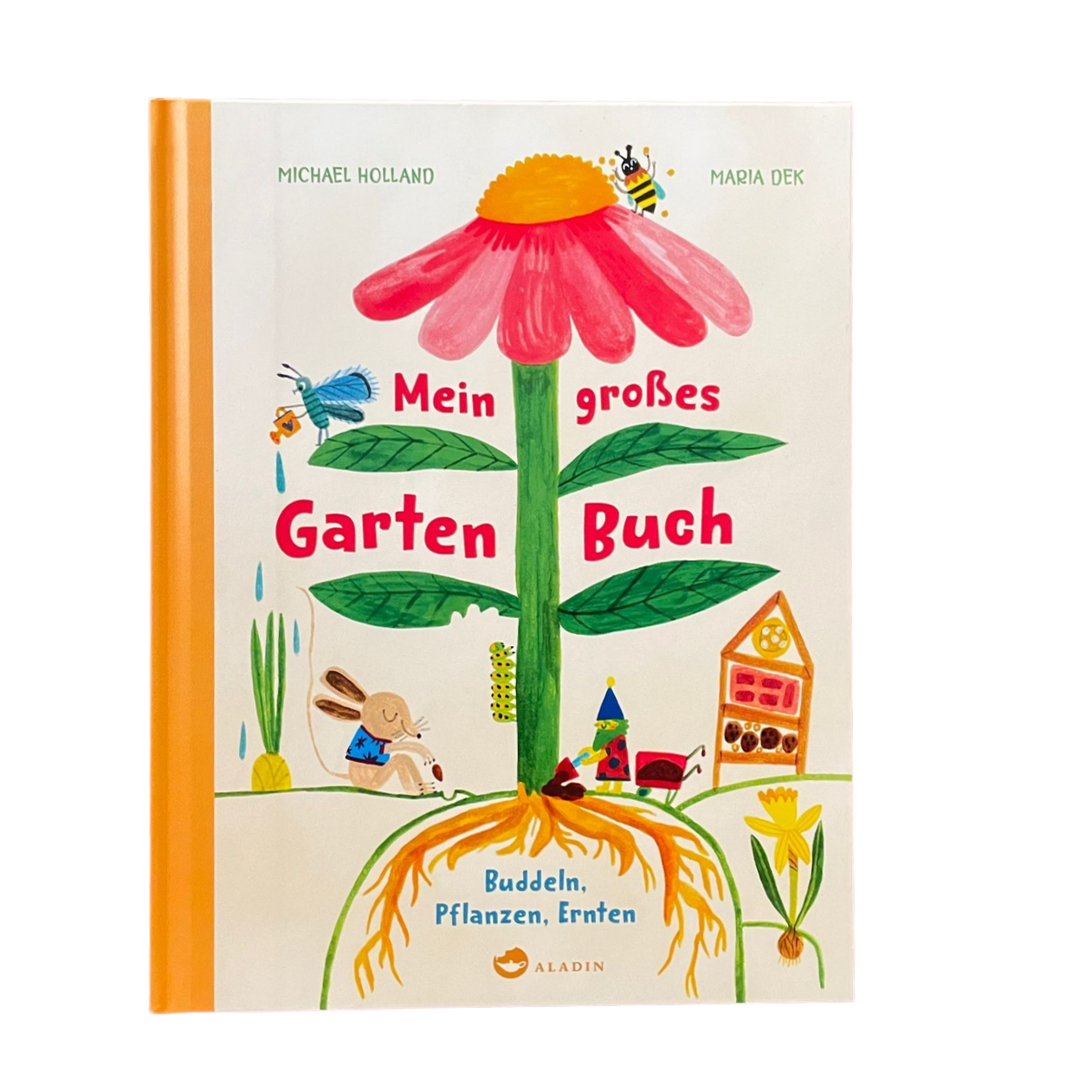 Ein buntes Buch mit einer großen Blume und gezeichneten Gartengegenständen.