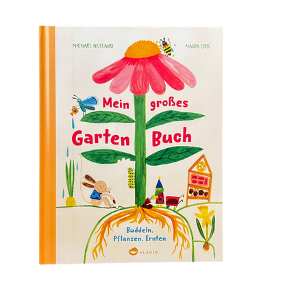 Ein buntes Buch mit einer großen Blume und gezeichneten Gartengegenständen.