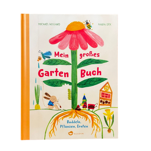 Ein buntes Buch mit einer großen Blume und gezeichneten Gartengegenständen.