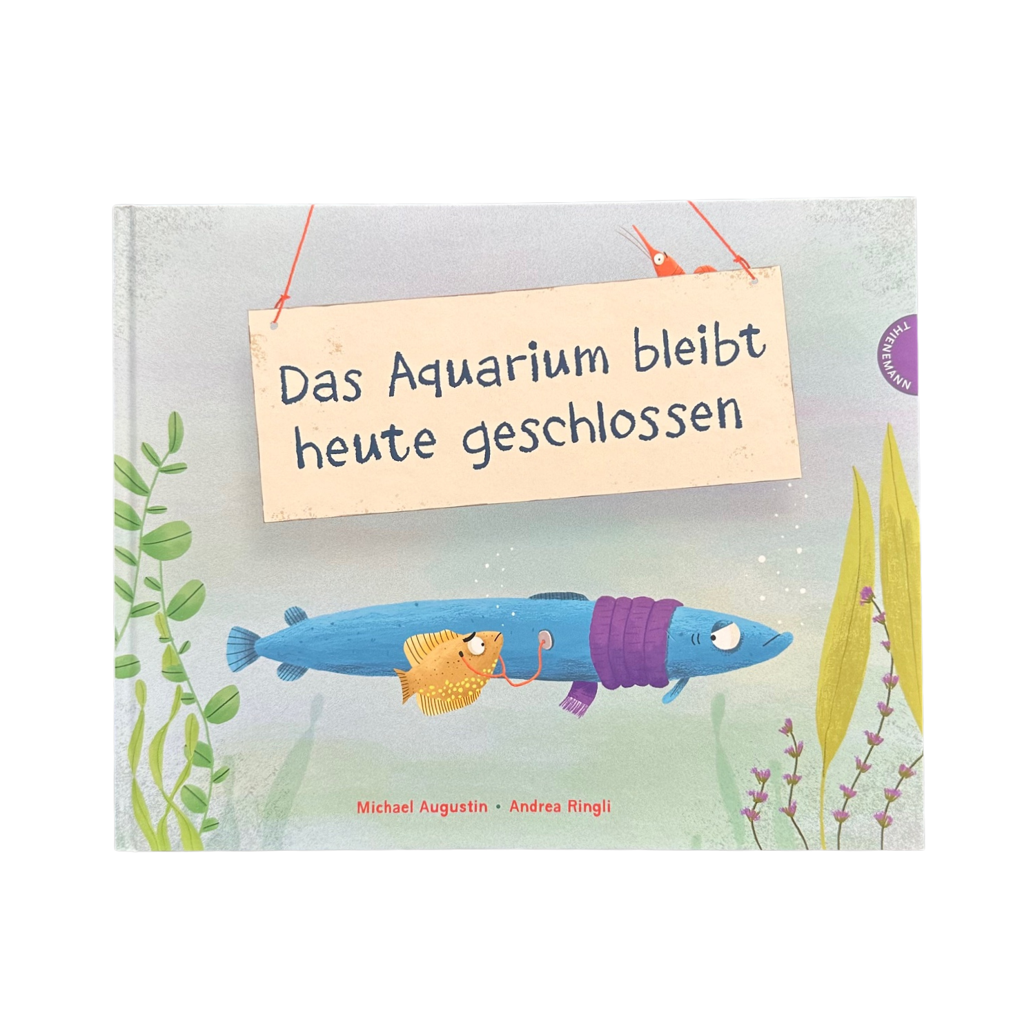 kinderbuch mit einem fisch im aquarium der einen schal trägt