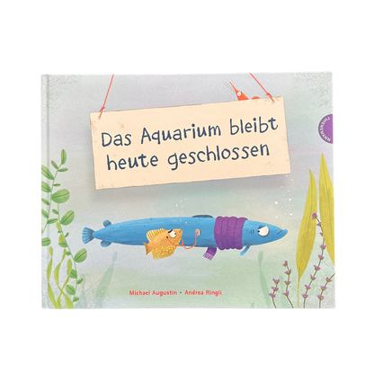 kinderbuch mit einem fisch im aquarium der einen schal trägt