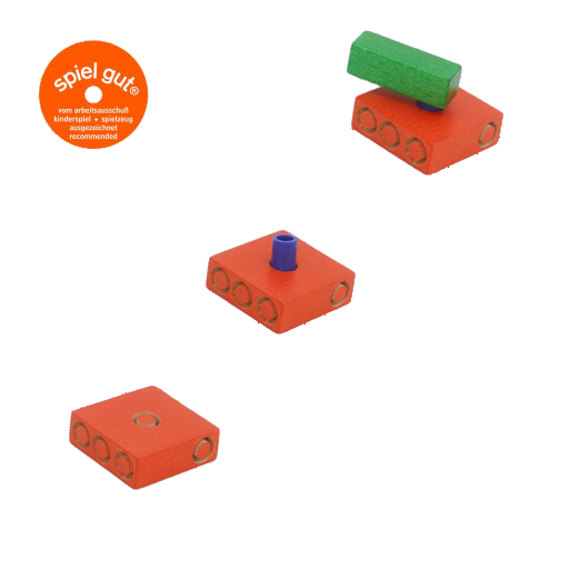drei rot quadratische bauteile aus holz mit kautschuk steckteil als verbindungsteil zu anderen bauteilen