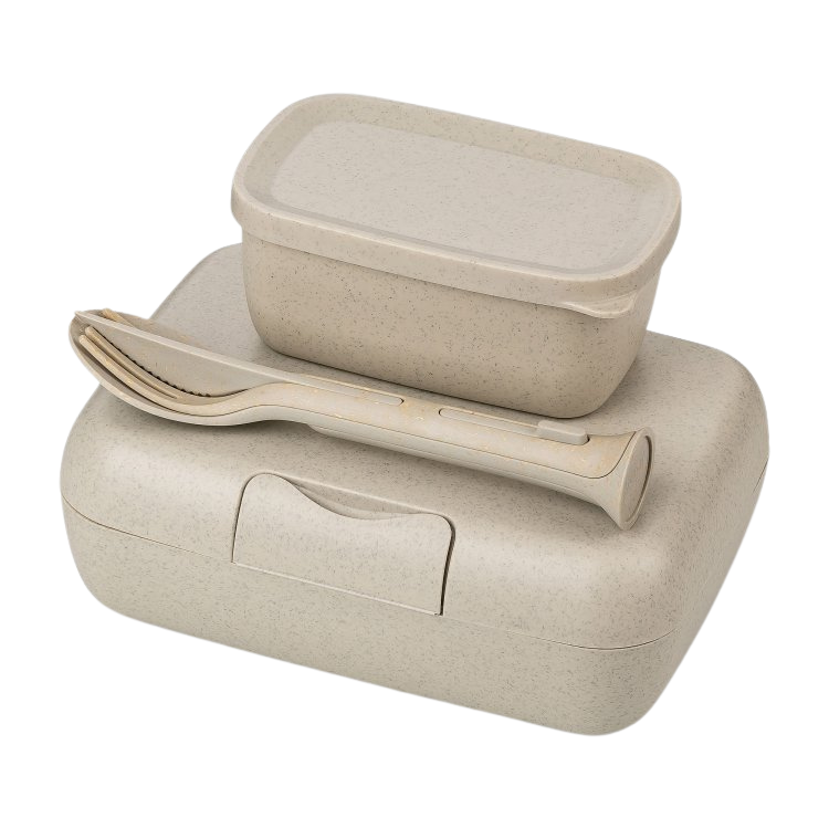 lunchboxen set dreiteilig in beige mit besteck