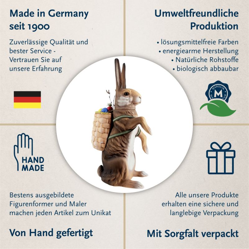 befüllbarer, großer brauner osterhase mit langen ohren und einem korb mit eiern und produktbeschreibung