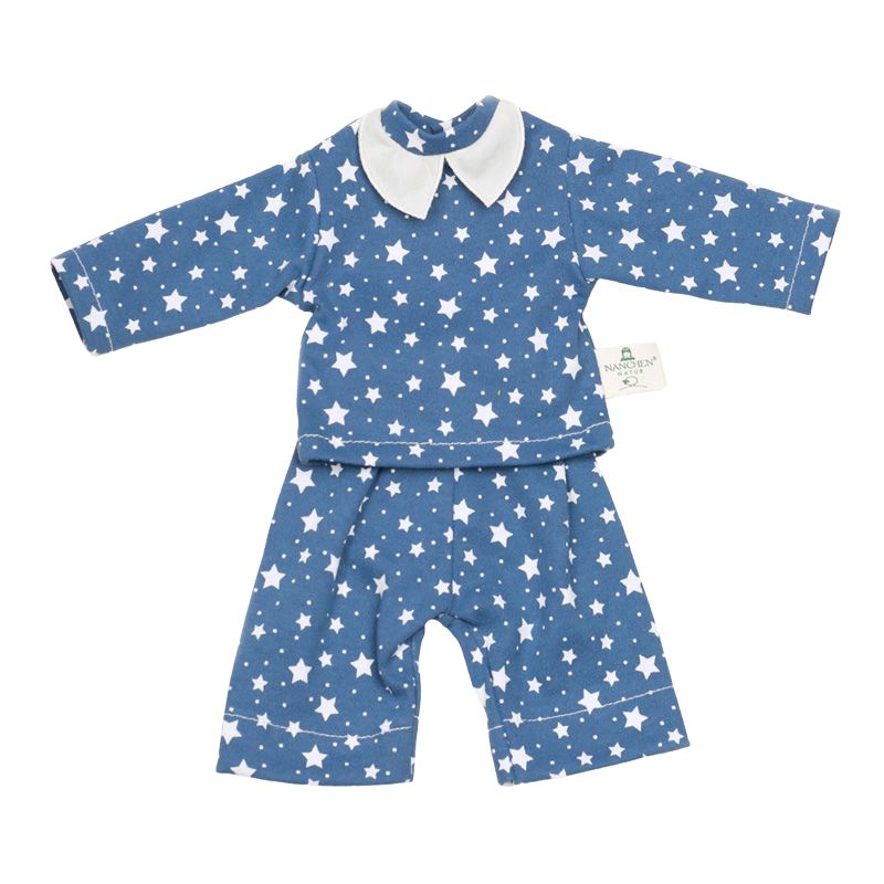 blauer zweiteiliger schlafanzug fuer stoffpuppen mit sternchen drauf und weißem kragen