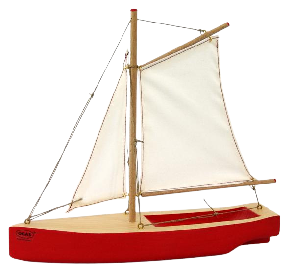 Rotes Segelboot aus Holz mit zwei hellen Segeln. 