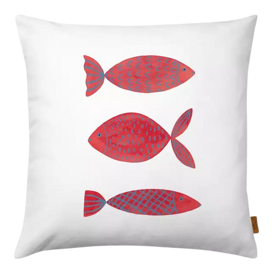 Kissenbezug aus leinen mit drei roten fischen drauf